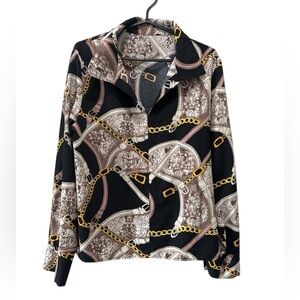 SHEIN Baroque Chain Print Button-Up Shirt, Size Large